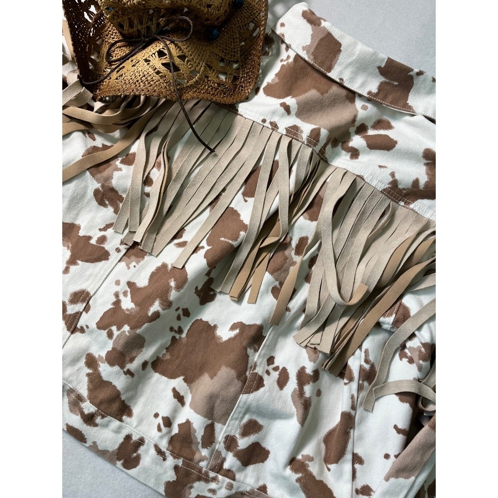 Altar'd State Cow Print Fringe Denim Jacket Western Coastal Cowgirl Boho Brown M - Picture 10 of 12